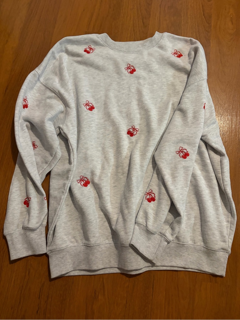 Light Gray Crewneck Sweatshirt with Red Cherry Embroidery
